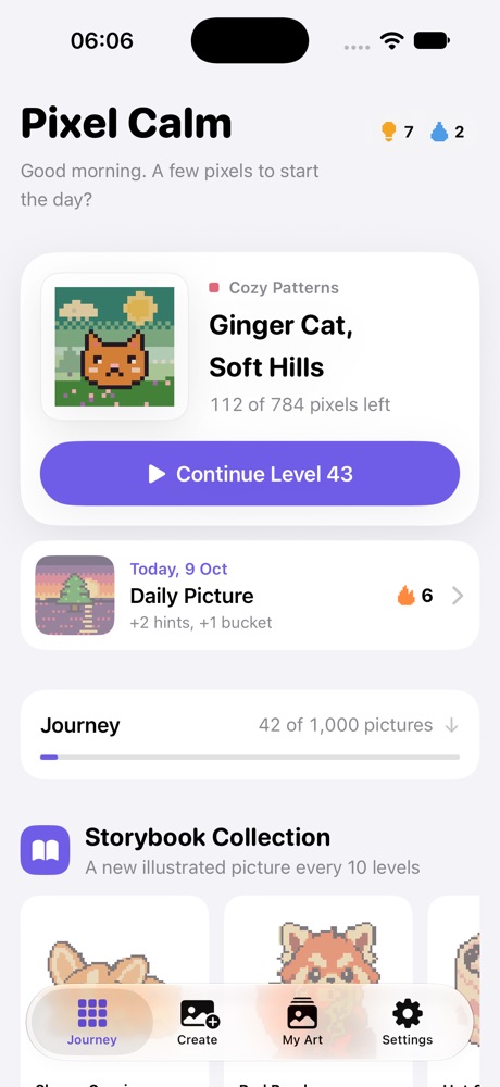 Journey screen with continue card, Daily Picture and Storybook Collection