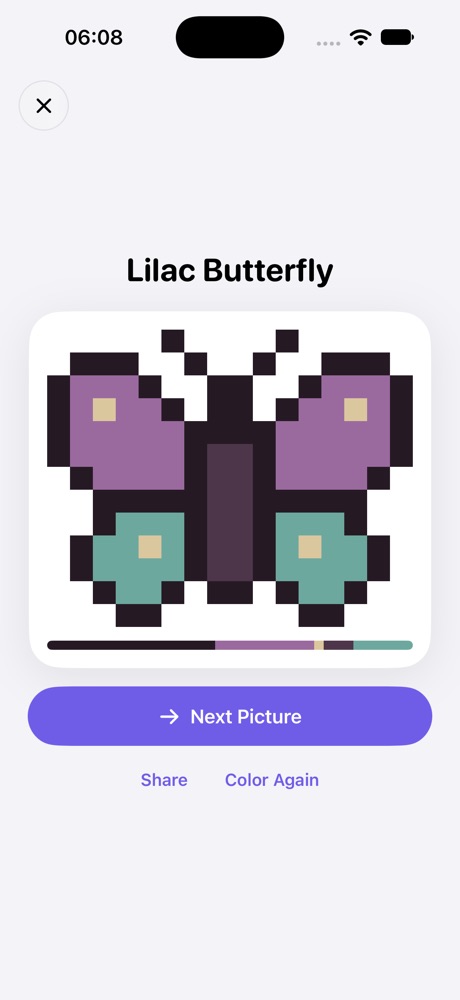 Finished pixel butterfly with a time-lapse of how it was colored and a palette ribbon