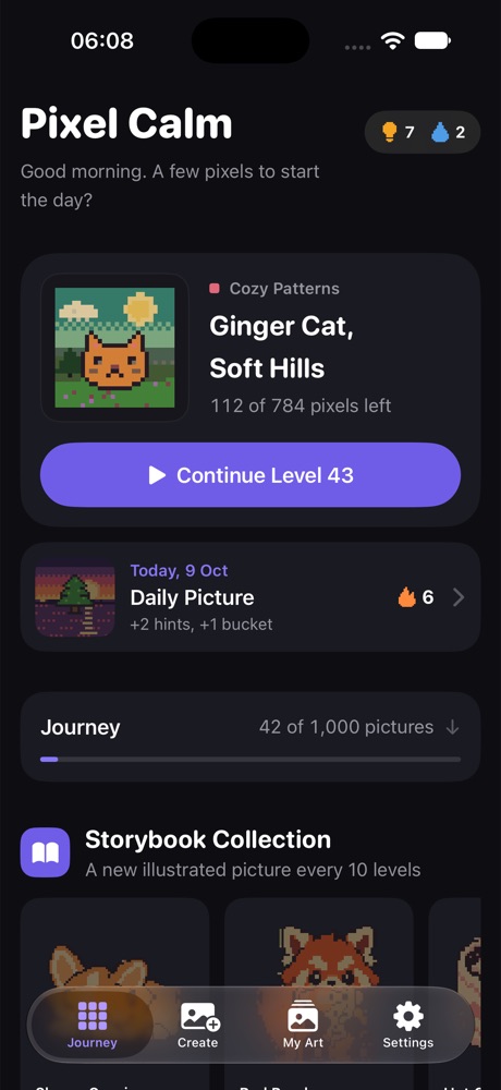 Pixel Calm's journey screen in a dark theme